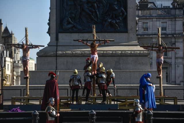 The Wintershall Players perform ‘The Passion of Jesus’ in front of crowds in Trafalgar Square on Good Friday, April 19 2019 in London, England (Photo: Peter Summers/Getty Images)