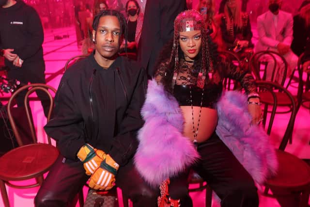 ASAP Rocky and Rihanna at the Gucci show during Milan Fashion Week Fall/Winter 2022/23 on February 25, 2022 in Milan, Italy (Photo: Victor Boyko/Getty Images for Gucci)