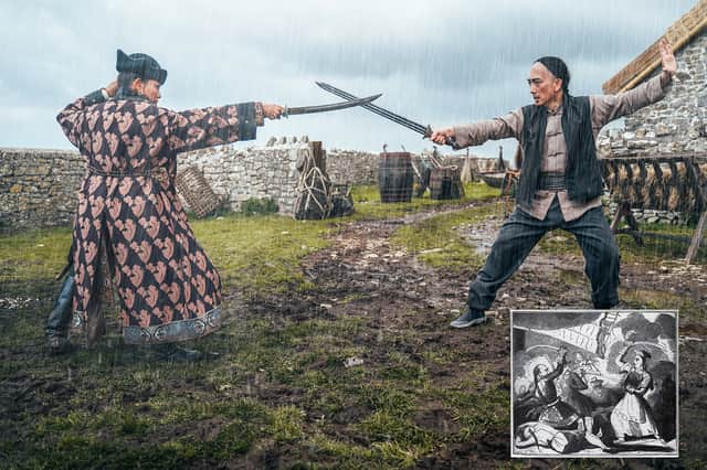 A photo of Crystal Yu as Madame Ching in a swordfight, with an insert in the lower right hand corner of an 1836 drawing of Madame Ching in a sword fight (Credit L-R: James Pardon/BBC Studios; Public Domain)