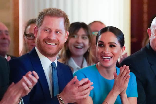 Prince Harry, Duke of Sussex and Meghan Markle, Duchess of Sussex cheering at the annual Endeavour Fund Awards at Mansion House on March 5, 2020 in London, England (Photo: Paul Edwards - WPA Pool/Getty Images)