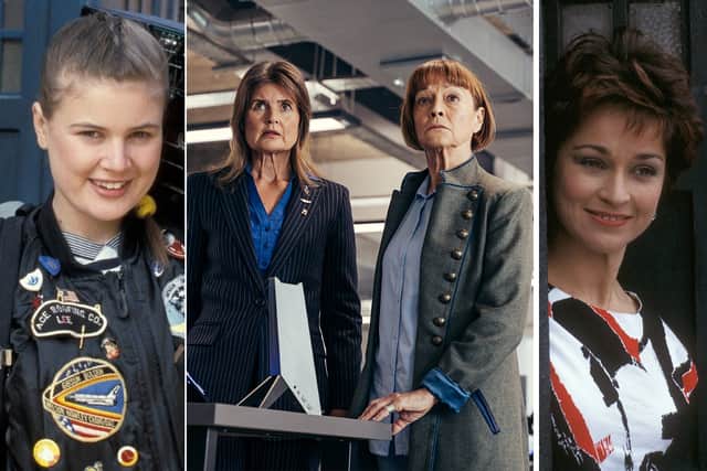 Sophie Aldred as Ace in the 1980s, Sophie Aldred as Ace and Janet Fielding as Tegan in 2022, and Janet Fielding as Tegan in the 1980s (Credit L-R: BBC; James Pardon; BBC)