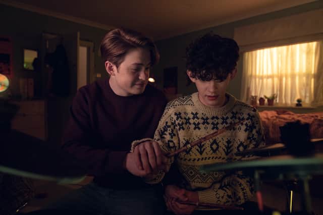 Kit Connor as Nick Nelson and Joe Locke as Charlie Spring, playing the drums (Credit: Netflix)