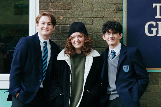Kit Connor, Alice Oseman, and Joe Locke on set of Heartstopper (Credit: Rob Youngson)