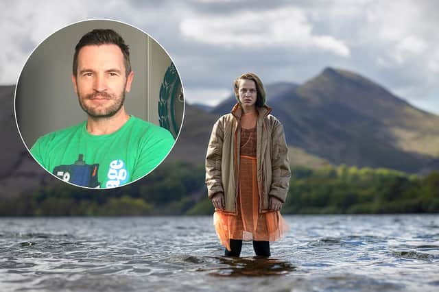 Main image: Clara Rugaard as Neve, emerging from a lake. On the left in a circular insert is a picture of Pete McTighe, wearing a green t-shirt. (Credit: Vishal Sharma/Sky; Pete McTighe)