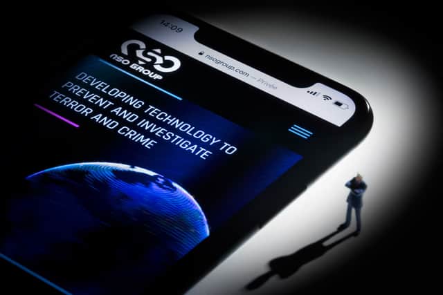 A smartphone with the website of Israel’s NSO Group which features ‘Pegasus’ spyware (AFP via Getty Images)