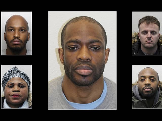 Darryl Tawiah (centre) who ran the operation was jailed for 25 years. Other members of the group were Dorian Vaciulis and Steven Johnson (right) and Faisal Guled and Rosemond Agyemang (left). 