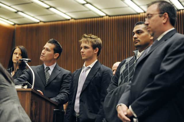 Lawyer Sean Erenstoft speaks at the arraignment of  Nicholas Prugo, Courtney Ames and Roy Lopez Jr at criminal court in California in 2009. (Credit ROBYN BECK/AFP via Getty Images)