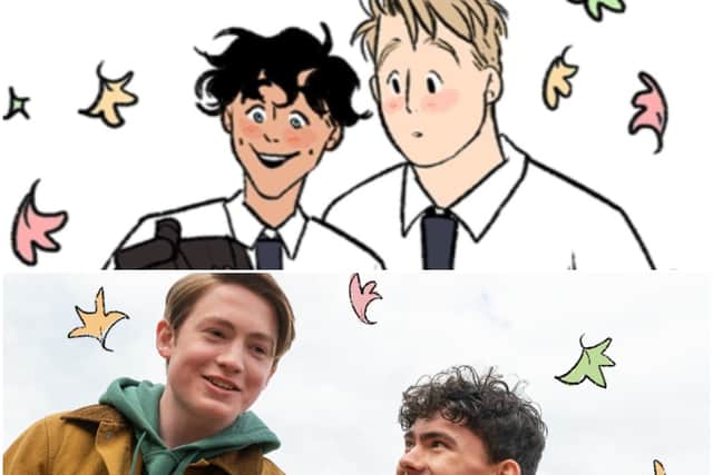 Above, a drawing of Nick and Charlie from the Heartstopper comics; below, a picture of actors Kit Connor and Joe Locke in the Netflix series (Credit: Alice Oseman/Netflix)