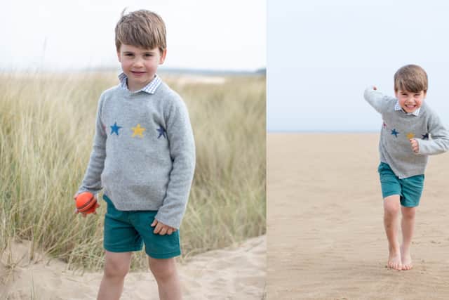 Prince Louis was photographed holding a cricket ball - a likely reference to his great-grandfather Prince Philip (images: The Duchess of Cambridge/PA)