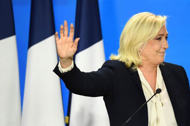 Marine Le Pen waves to supporters after her speech at the Pavillon d’Armenonville in Paris on April 24, 2022 (Photo: Getty)