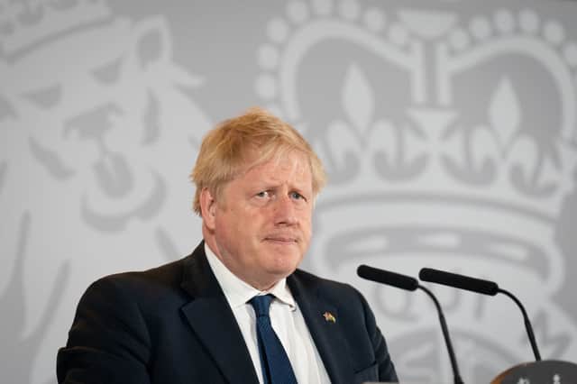 Prime Minister Boris Johnson speaking at a press conference on April 22, 2022 in New Delhi, India (Photo by Stefan Rousseau - WPA Pool/Getty Images)