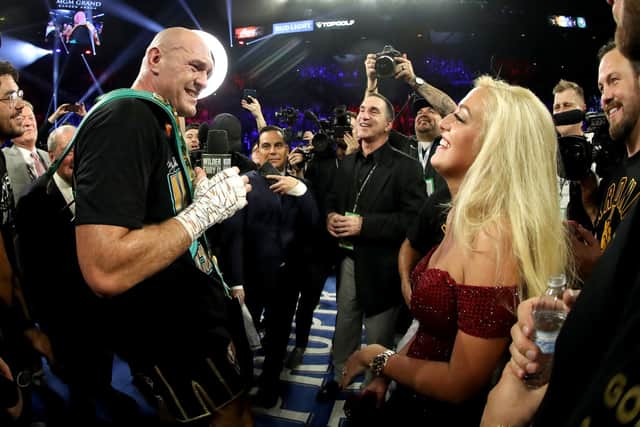 Tyson Fury sings American Pie to Paris Fury and the fans following his win by TKO in the seventh round against Deontay Wilder (Photo by Al Bello/Getty Images)