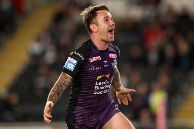 Richie Myler of Leeds Rhinos celebrating after scoring their sides second try during the Betfred Super League match between Hull FC and Leeds Rhinos at KCOM Stadium on July 29, 2021 in Hull, England (Photo by George Wood/Getty Images)