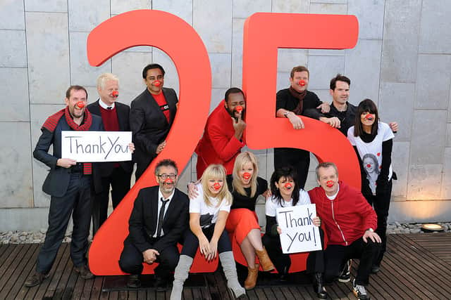 Ben Miller, Richard Curtis, Sanjeev Bhaskar, David Baddiel, Kate Thorton, Lenny Henry, Helen Skelton, Emma Freud, Dermot O’Leary, Frank Skinner, Jimmy Carr and Claudia Winkleman attend a photocall to celebrate 25 years of Red Nose Day for Comic Relief at Southbank Centre on February 5, 2013 in London, England (Photo by Stuart Wilson/Getty Images)