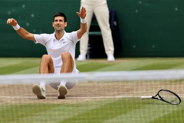 Djokovic celebrates match point after beating Matteo Berrettini in Wimbledon 2021
