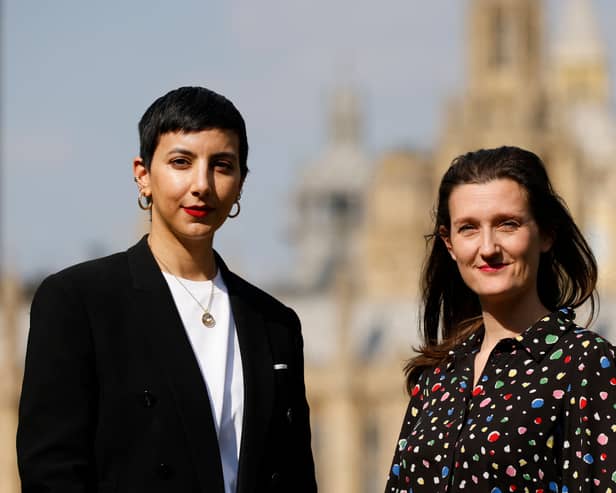Campaigners Payzee Mahmod (L) and Sara Browne (R) pose for a photograph in a park in London