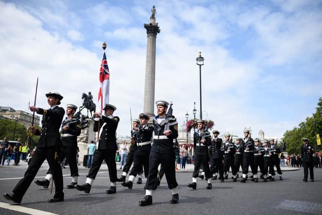 HMS Westminster crew members march in London as part of their “Freedom of the City” honour