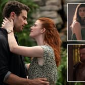 An image of Rose Leslie as Claire and Theo James as Henry, embracing. In a boxout on the upper right hand corner, Alison Oliver as Frances; below that, a boxout of Ewan McGregor as Obi-Wan Kenobi (Credit: HBO; BBC; Disney+)