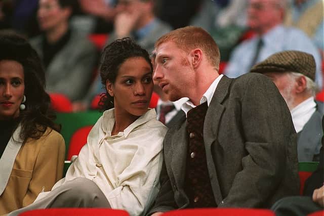 Boris Becker with wife Barara Feltus, 7 December 1993 (Photo by Clive Brunskill/ALLSPORT)