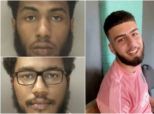 <p>Ridhwaan Farouk, 19, (top left) and his older brother Mohammed, 21, (bottom left) murdered Amin Talea (right) after lying in wait for him to leave his home </p>