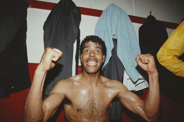 Chris Kamara celebrating Leeds United’s promotion to the 1st Division in 1990 (Photo: Radders/ Allsport/Getty Images)