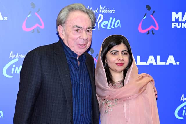 Andrew Lloyd Webber and Malala Yousafzai attend a Gala performance of "Cinderella" to support The Malala Fund on November 22, 2021 in London, England. (Photo by Joe Maher/Getty Images)