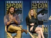 Jason Momoa and Amber Heard  speak onstage at the Warner Bros. Aquaman theatrical panel during Comic-Con International 2018 at San Diego Convention Center on July 21, 2018 in San Diego, California (Photo by Kevin Winter/Getty Images)
