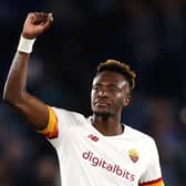 Abraham reacts after Roma’s draw against Leicester at King Power Stadium in April 2022