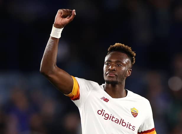 <p>Abraham reacts after Roma’s draw against Leicester at King Power Stadium in April 2022</p>