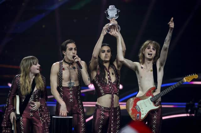 Italy’s Maneskin celebrate on stage with the trophy after winning the final of the 2021  Eurovision Song Contest (Photo: KENZO TRIBOUILLARD/AFP via Getty Images)