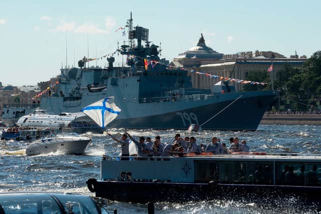 The Admiral Makarov in a Russian naval parade in Saint Petersburg before it was formally commissioned into the country’s navy (image: AFP/Getty Images)