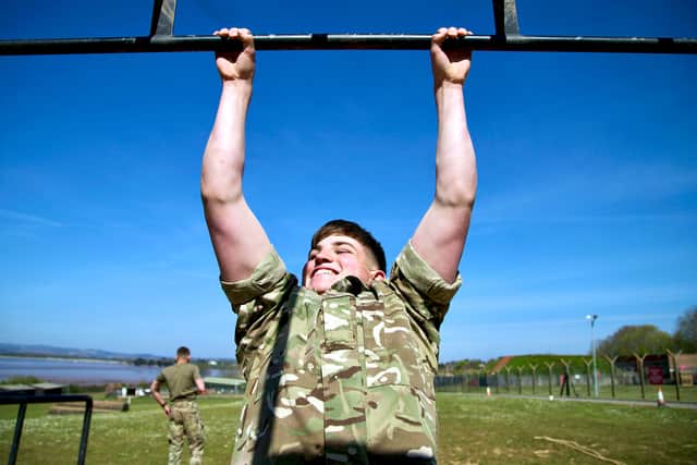 Royal Marine Commando recruit, Dom, at the Commando training centre on BBC 2 show Commando: Britains Ocean Warriors.