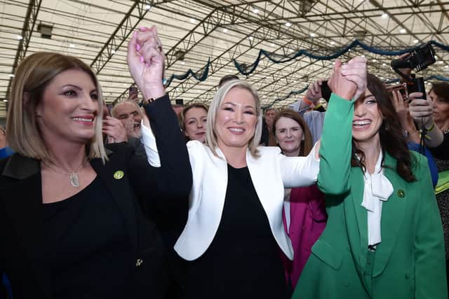 Sinn Fein northern leader Michelle O’Neill celebrates with fellow candidates and supporters after being elected (Photo: Getty Images)