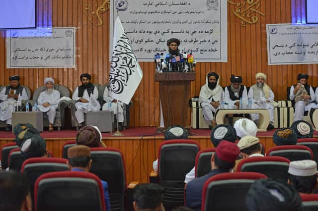 Taliban minister for Promotion of Virtue and Prevention of Vice Mohammad Khalid Hanafi (C) speaks during a ceremony to announce the decree for Afghan women’s dress code in Kabul on May 7, 2022 (Photo: Getty)