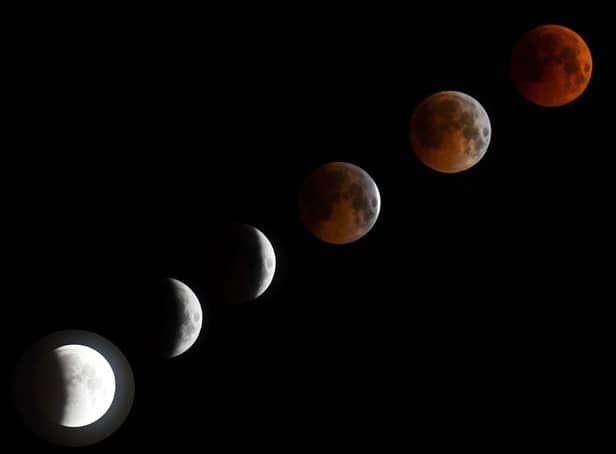 <p>A combo of six pictures shows a ‘blood moon’ total lunar eclipse in Bishkek late on July 27, 2018 (Photo by VYACHESLAV OSELEDKO/AFP via Getty Images)</p>