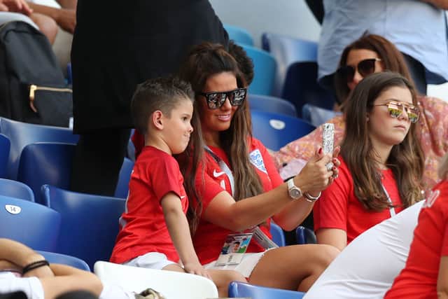 Rebekah Vardy takes a selfie with her son Finley Jaiden Vardy  prior to the 2018 FIFA World Cup Russia Quarter Final match between Sweden and England at Samara Arena on July 7, 2018 in Samara, Russia (Photo by Alex Morton/Getty Images)