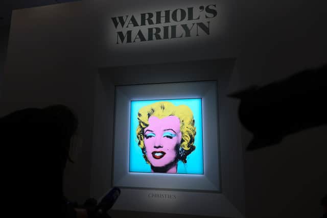 A view of atmosphere during Christie’s announcement that they will offer Andy Warhol’s Shot Sage Blue Marilyn painting of Marilyn Monroe (Photo by Dia Dipasupil/Getty Images)