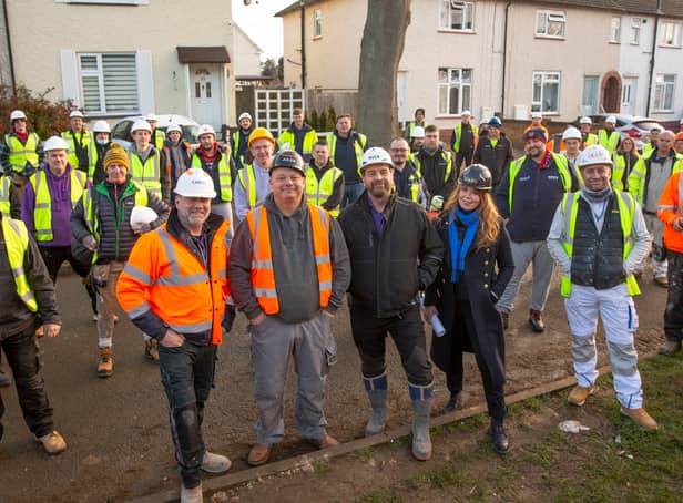 <p>DIY SOS: The Big Build presenter Nick Knowles with tradespeople in Kettering for the first episode of the 32nd series.</p>