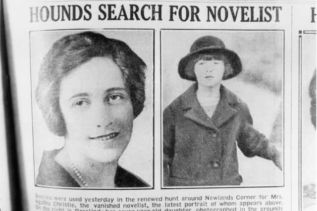 1926:  English crime writer Agatha Christie (1890 - 1976) and her daughter, Rosalind, (right), are featured in a newspaper article reporting the mysterious disappearance of the novelist (Photo by Hulton Archive/Getty Images)