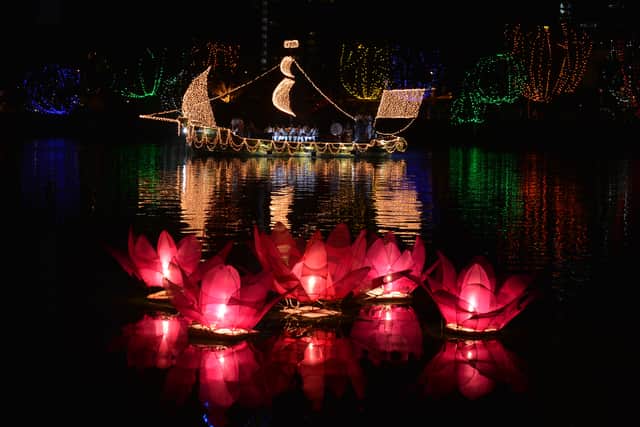 The Gangaramaya Buddhist Temple is lit during the annual Buddhist festival of Vesak in Colombo