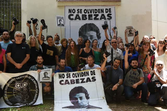 Photojournalists and activists demonstrate during the 20th Anniversary of photographer Jose Luis Cabezas murder