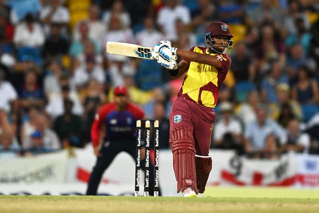 Nicholas Pooran in action for West Indies at 2021 World Cup