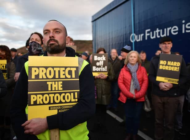 <p>Border Communities protest against a hard border on the island of Ireland (Pic: Charles McQuillan/Getty Images)</p>