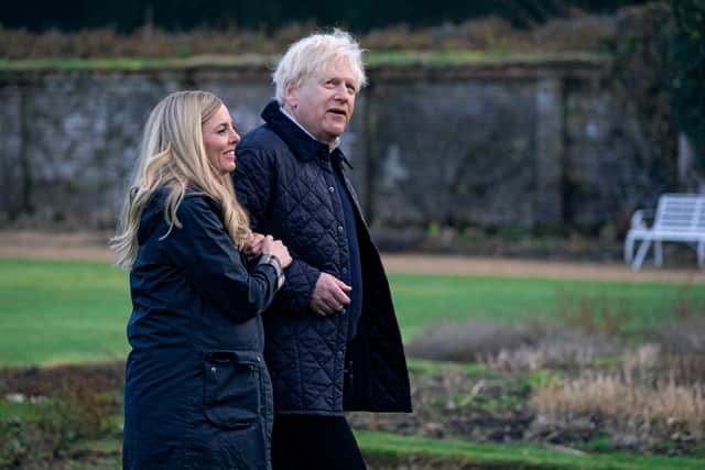 Ophelia Lovibond as Carrie Symonds and Kenneth Branagh as Boris Johnson in This England (Credit: Phil Fisk/Sky)