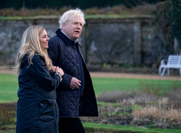 Ophelia Lovibond as Carrie Symonds and Kenneth Branagh as Boris Johnson in This England (Credit: Phil Fisk/Sky)