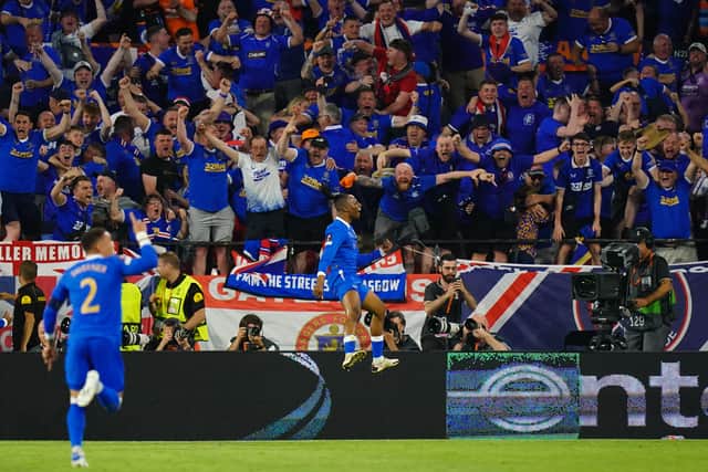 Joe Aribo celebrates scoring the opening goal for Rangers during the UEFA Europa League Final (PA)