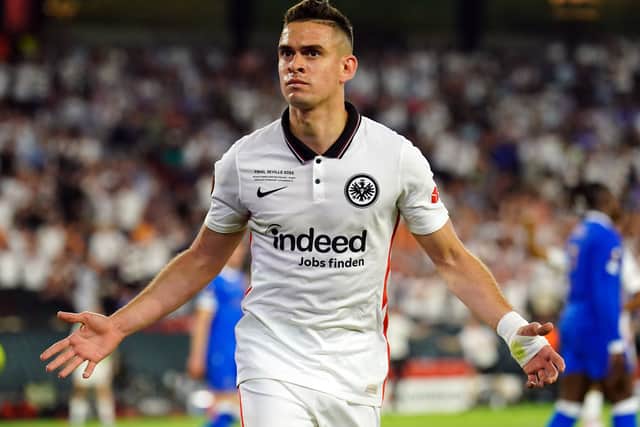 Eintracht Frankfurt’s Rafael Borre celebrates scoring his side’s first goal to level the score at 1-1 (PA)