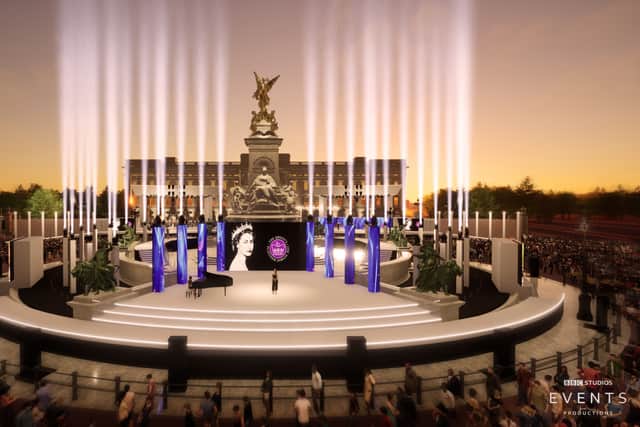 An artist’s impression of the stage outside Buckingham Palace for the Platinum Party at the Palace which will be shown live on BBC One (Image: BBC)