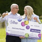 Joe Thwaite, 49, and Jess Thwaite, 46, from Gloucestershire celebrate after winning the record-breaking EuroMillions jackpot of £184M (PA)