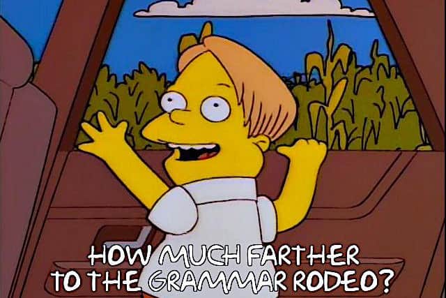 Martin Prince Jr, reaching out of a car window, in the classic Simpsons episode “Grammar Rodeo”. A subtitle reads: “How much farther to the Grammar Rodeo?” (Credit: Fox/Disney+)